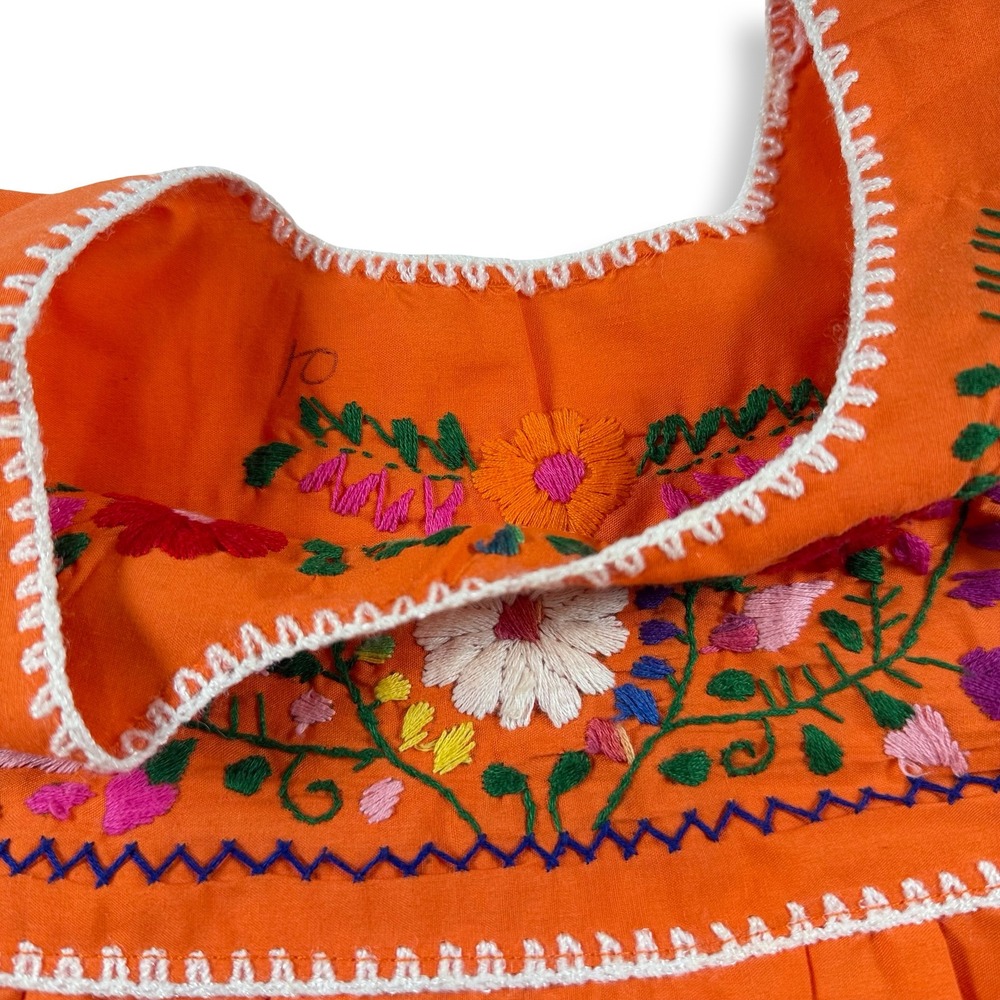 Vintage Mexican Peasant Dress Orange Floral Embroidered Puebla Midi Small - Picture 5 of 7